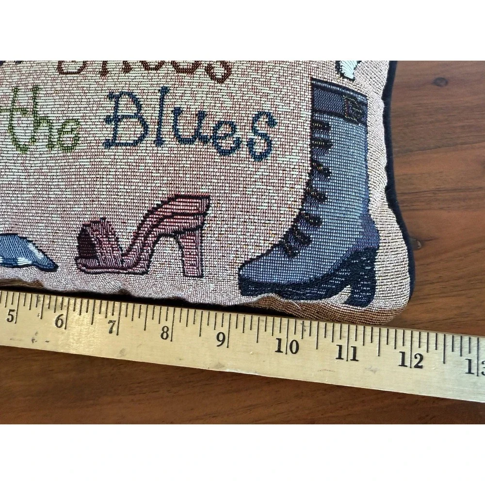 Vintage Tapestry Style Throw embroidered Pillow New Shoes Cure The Blues~ 12 X 7